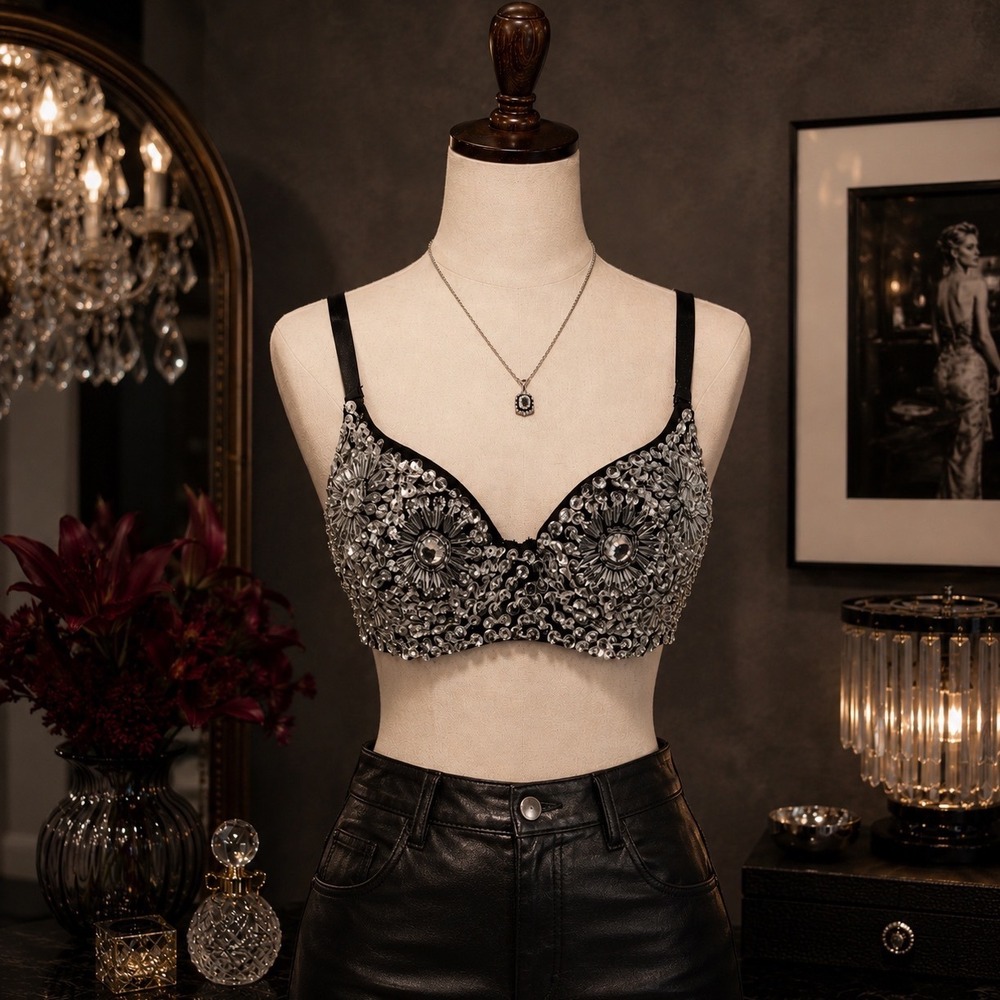 Sequin Rhinestone Rave Bra Top Womens S Silver Black Festival EDM Y2K Glam Party